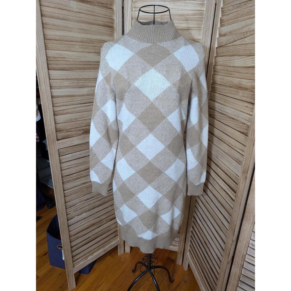 Love Scarlett Sweater Dress‎ Womens Size Large Beige Checkered Long Sleeve Dress